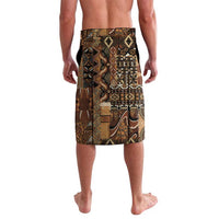 African tribal print wrap shorts, multicolor geometric bands and central portrait