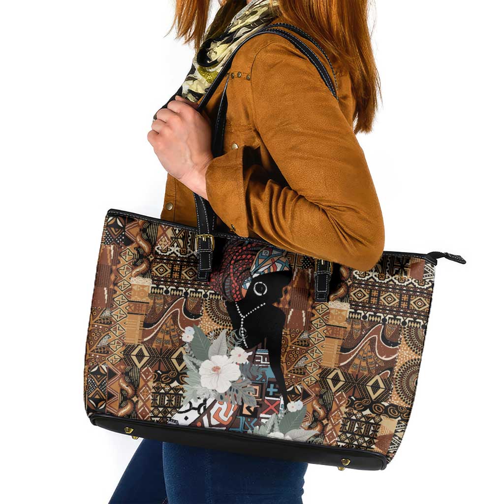 Beautiful Black Woman Leather Tote Bag African Tribal Pattern - Wonder Print Shop