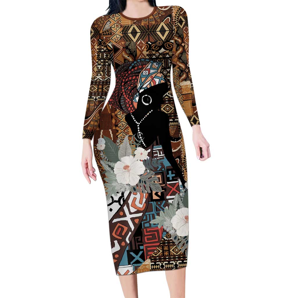 Beautiful Black Woman Long Sleeve Bodycon Dress African Tribal Pattern - Wonder Print Shop