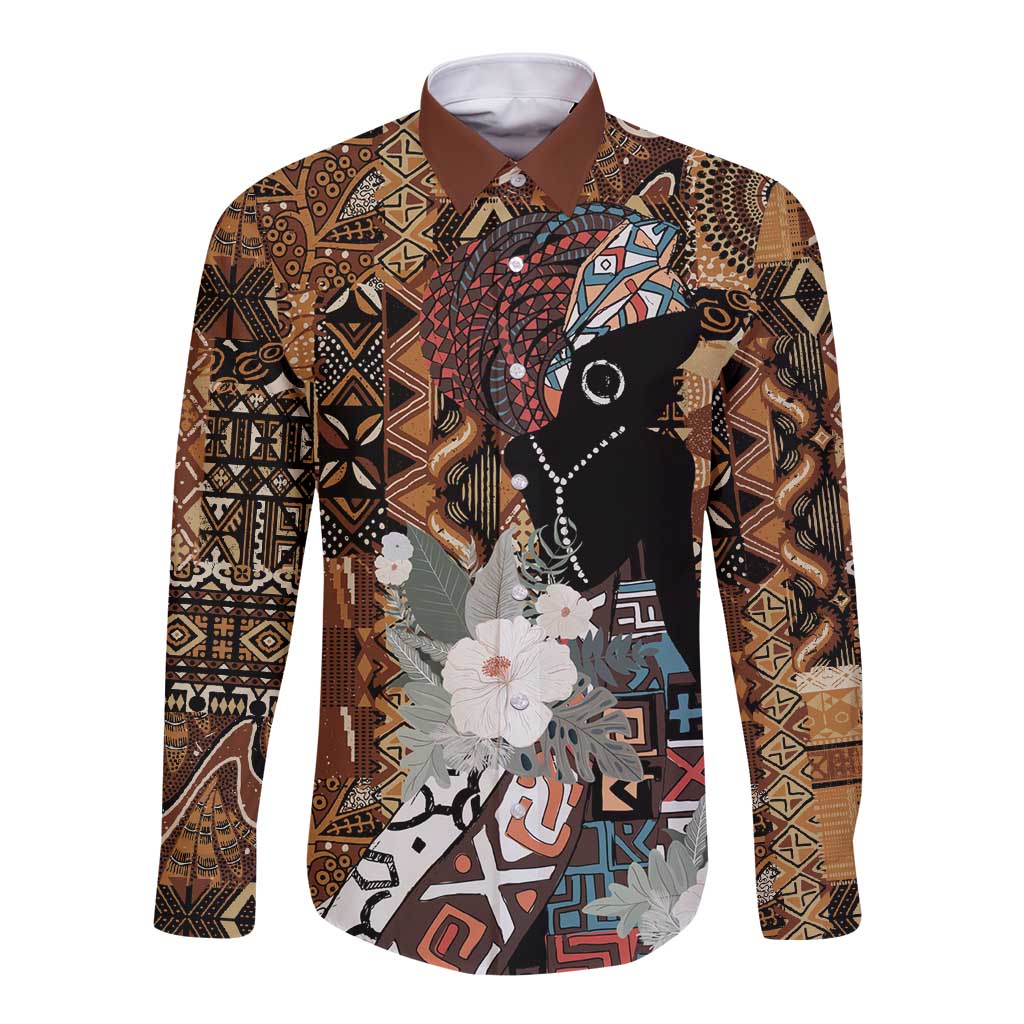 Long-sleeve button shirt with brown African tribal print and woman face graphic
