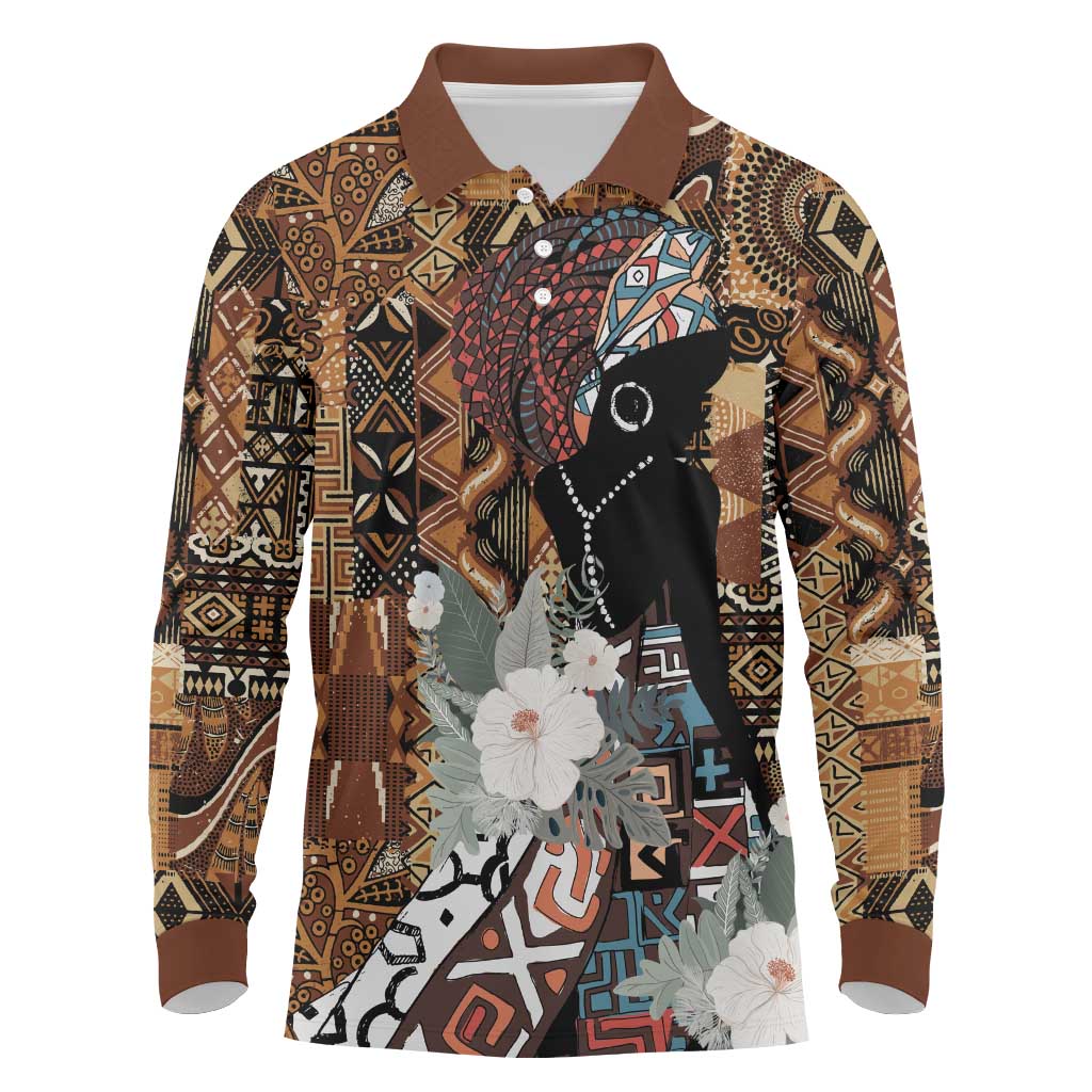 Beautiful Black Woman Long Sleeve Polo Shirt African Tribal Pattern - Wonder Print Shop