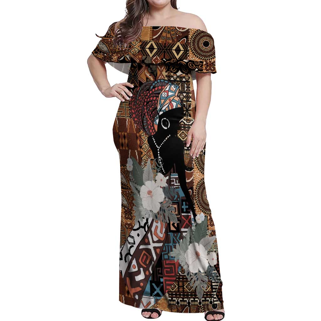 Beautiful Black Woman Off Shoulder Maxi Dress African Tribal Pattern - Wonder Print Shop