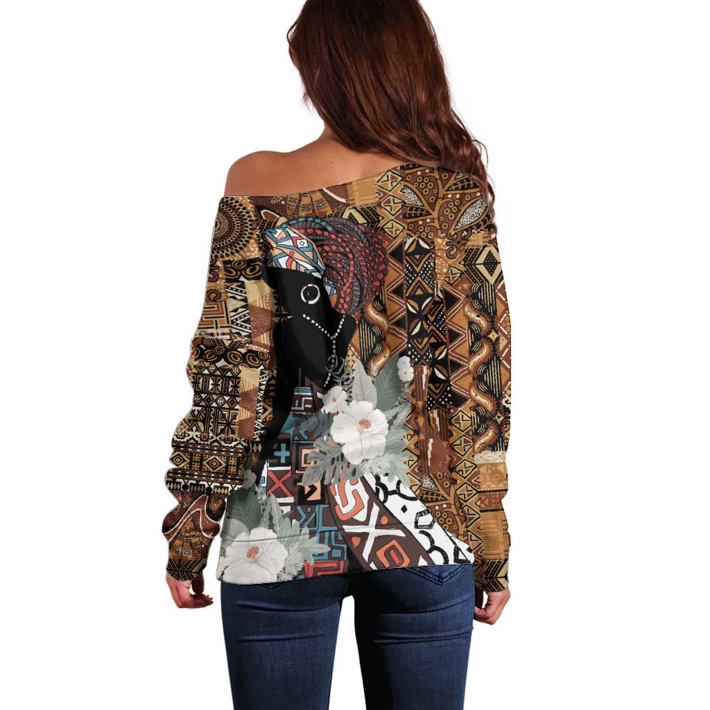 Beautiful Black Woman Off Shoulder Sweater African Tribal Pattern