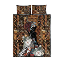 Brown tribal quilt bed set with matching pillows, illustrated face center, geometric motifs
