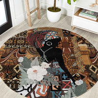 Round rug with tribal geometric pattern and black female portrait, brown border