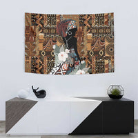 African tribal wall tapestry with black woman face, patterned tiles, and white blossoms