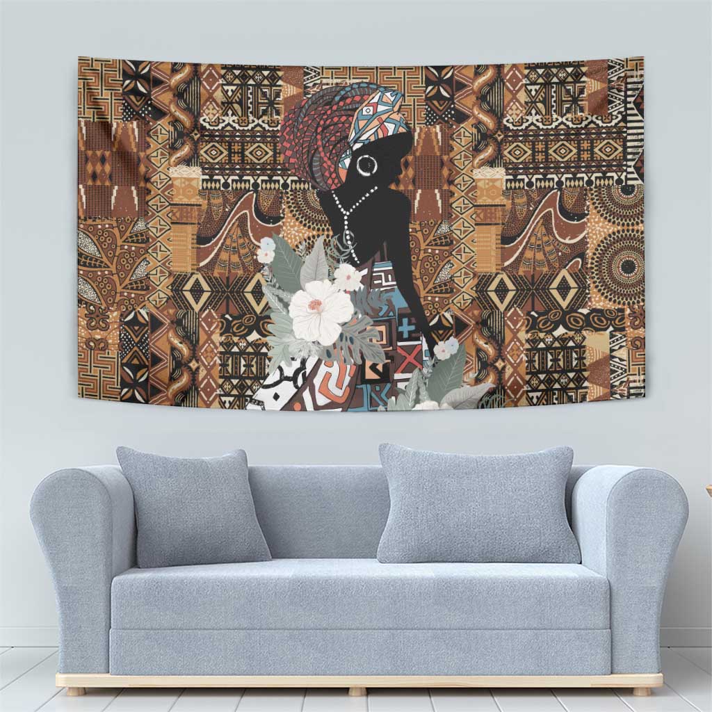 African tribal tapestry with black woman portrait, ornate geometric background, white flowers