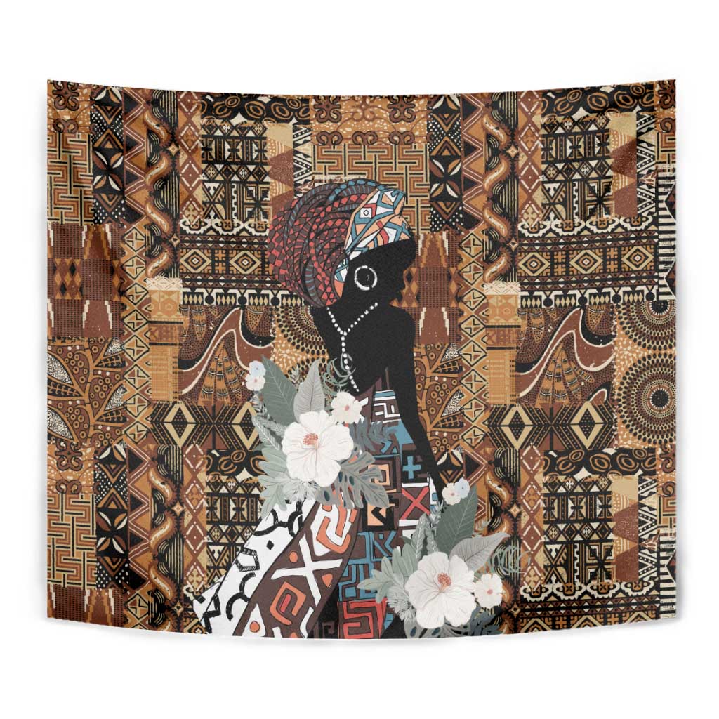 Close-up African tribal wall tapestry with black woman portrait and white flowers