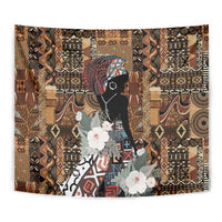 Close-up African tribal wall tapestry with black woman portrait and white flowers