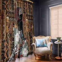 Window curtain panels with tribal geometric print and large floral woman design, hanging pair