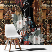 Close-up view of window curtains with tribal pattern and floral woman artwork, two panels