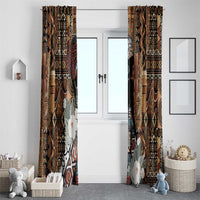 Hanging window curtain panels with brown-and-black tribal pattern and floral woman detail