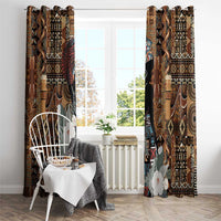 Window curtain panels with bold tribal geometric pattern and floral woman artwork, two panels