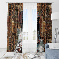 Window curtain set with dark brown tribal pattern, floral woman accents, and sheer center view