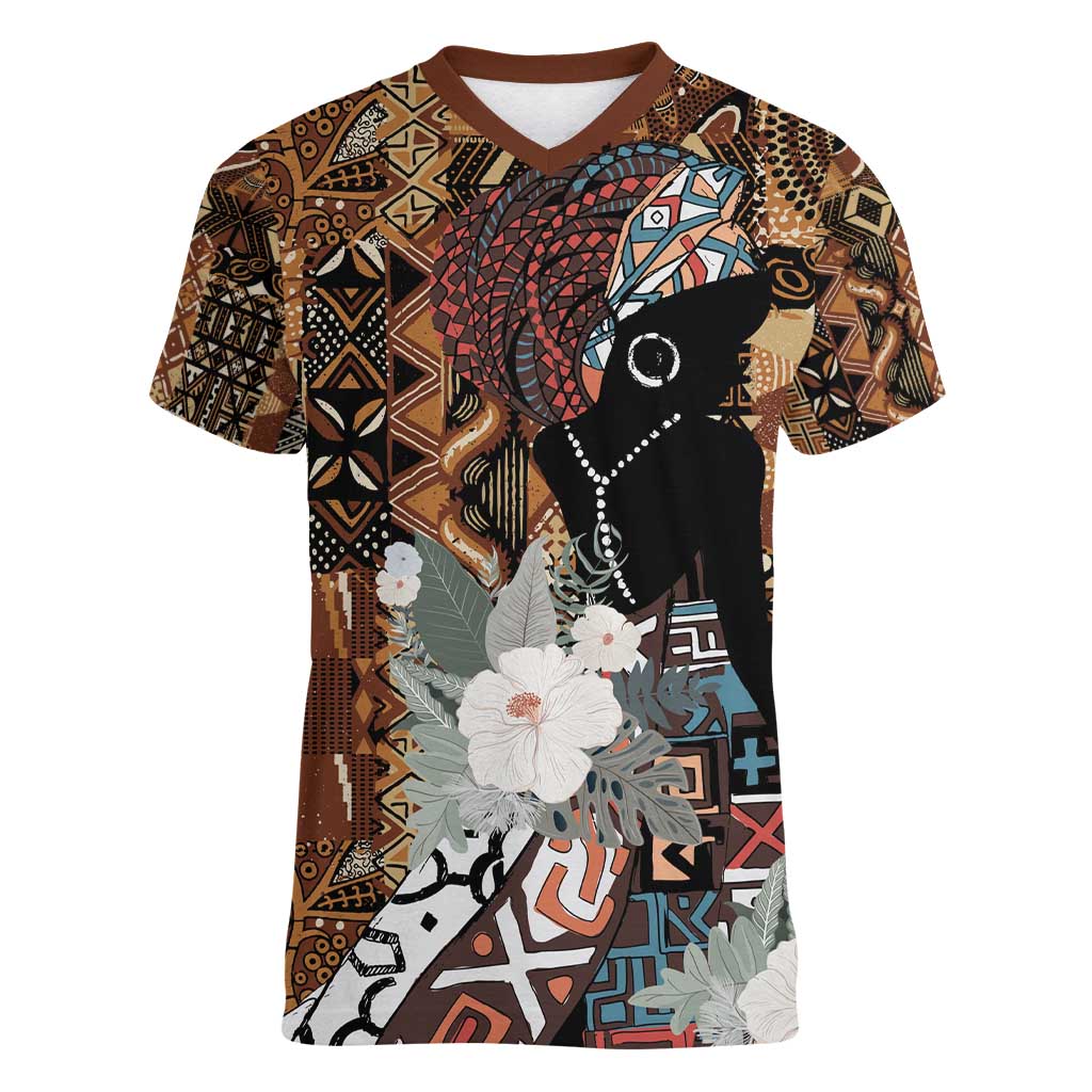 Beautiful Black Woman Women V-Neck T-Shirt African Tribal Pattern - Wonder Print Shop