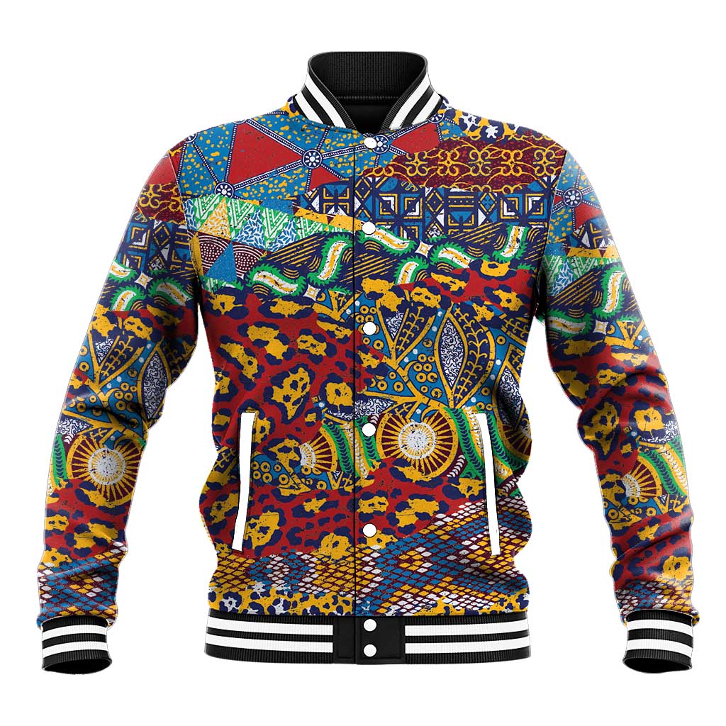 Colorful animal-skin pattern varsity baseball jacket, ribbed black trim, snap front