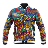 Colorful animal-skin pattern varsity baseball jacket, ribbed black trim, snap front