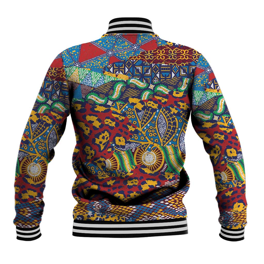 Back of colorful animal-skin patterned varsity baseball jacket, ribbed collar and cuffs