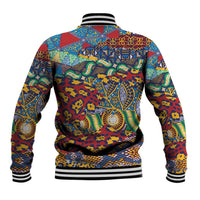 Back of colorful animal-skin patterned varsity baseball jacket, ribbed collar and cuffs