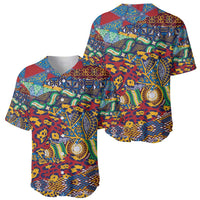 Red baseball jersey with colorful animal-skin inspired pattern and geometric motifs