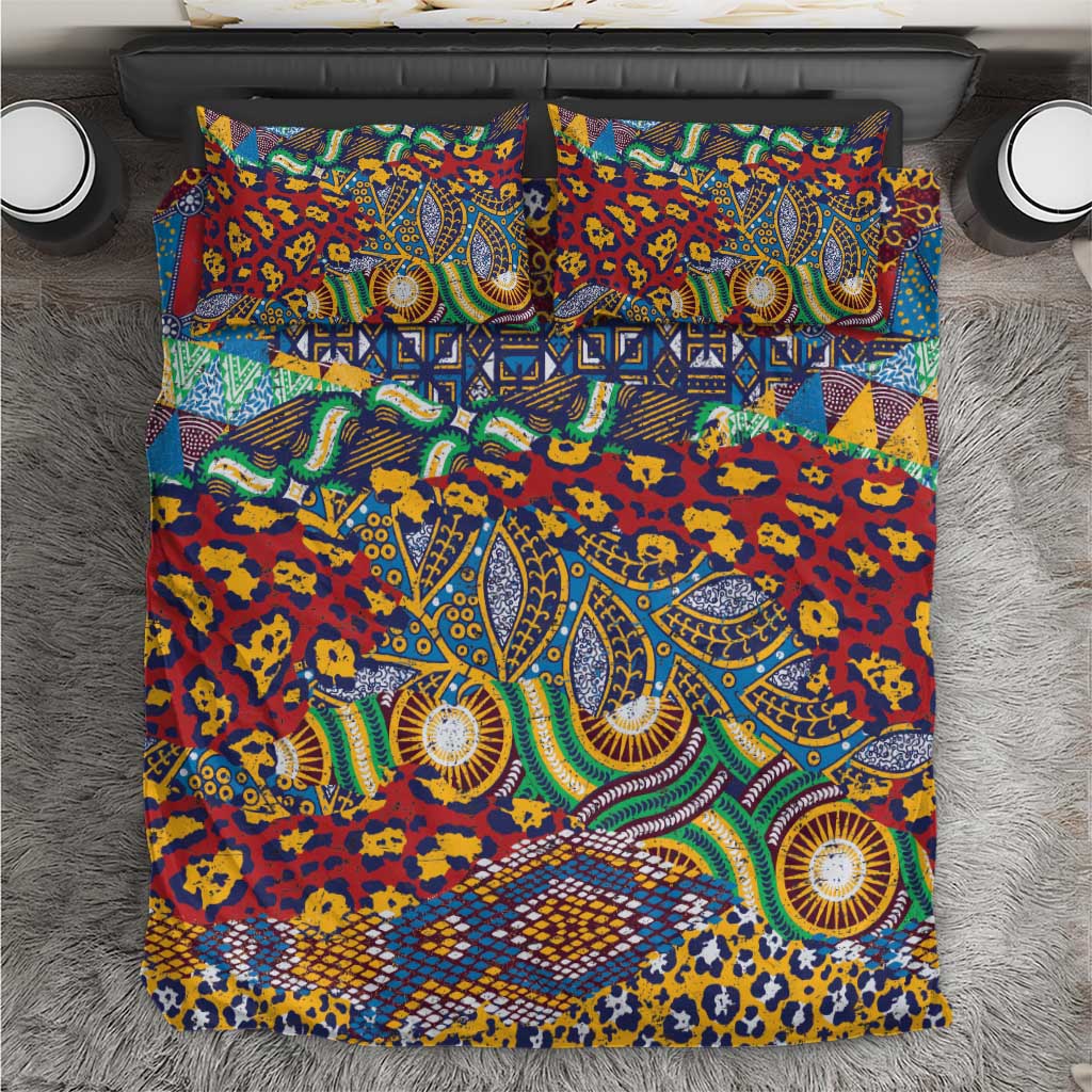 Colorful red bedding duvet with blue, green, and yellow animal-skin style pattern