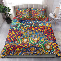 Red duvet set with two matching pillowcases featuring bold animal-skin style pattern