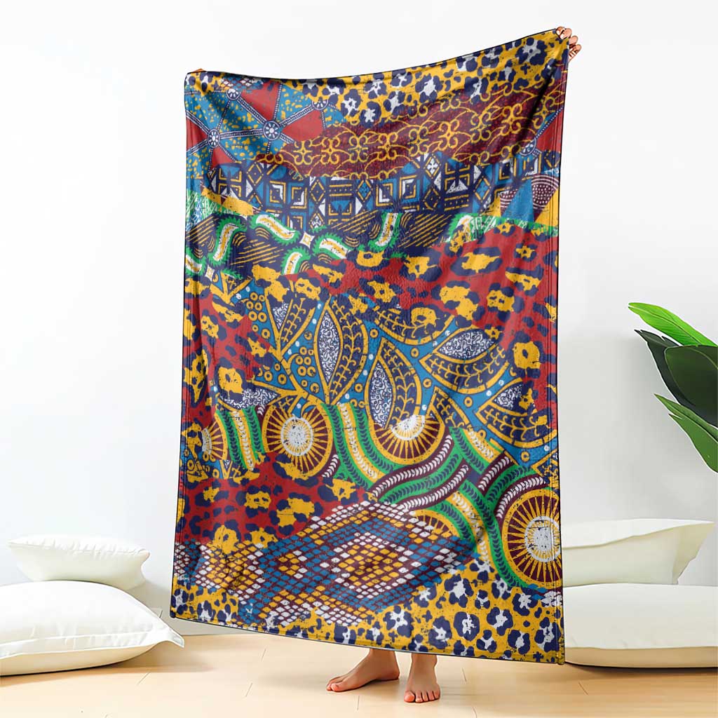 Multicolor animal-skin pattern blanket fully draped, featuring ornate circular and maze designs