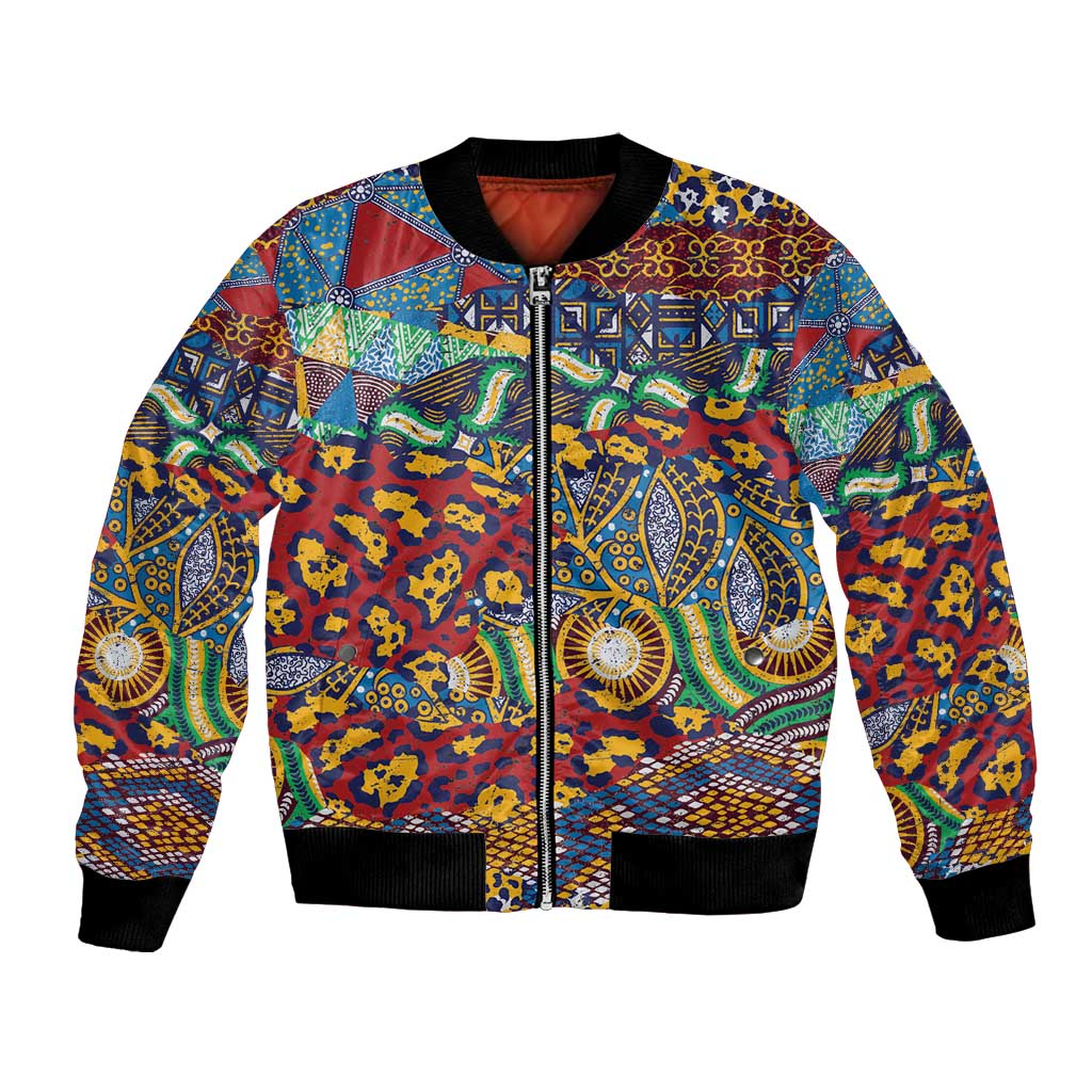 Unisex bomber jacket with colorful animal-skin patchwork pattern, front zipper, black cuffs