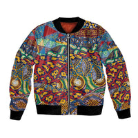 Unisex bomber jacket with colorful animal-skin patchwork pattern, front zipper, black cuffs
