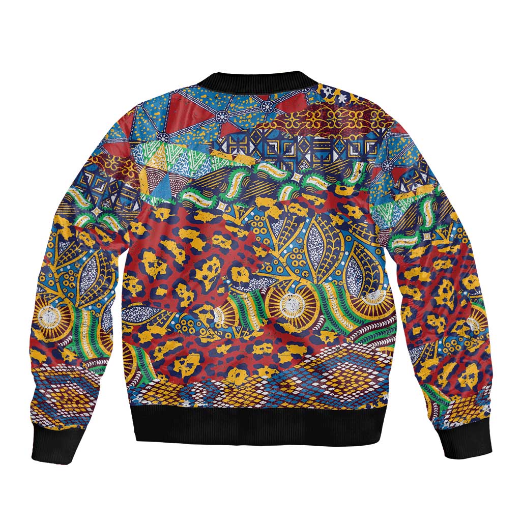 Unisex bomber jacket back view with colorful animal-skin pattern, ribbed hem and collar