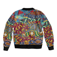 Unisex bomber jacket back view with colorful animal-skin pattern, ribbed hem and collar