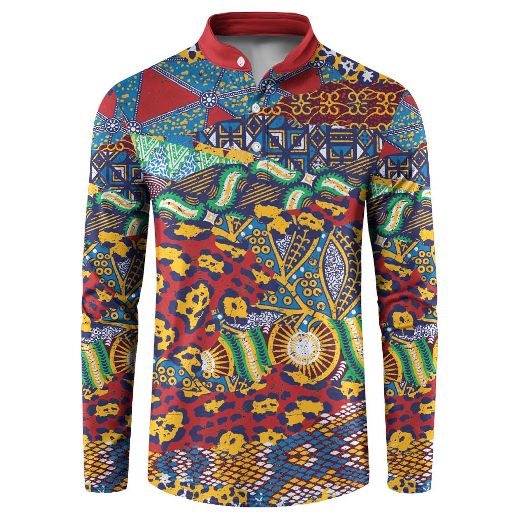 Multicolor patterned button-up sweatshirt with red collar and placket, long sleeves