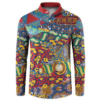 Multicolor patterned button-up sweatshirt with red collar and placket, long sleeves