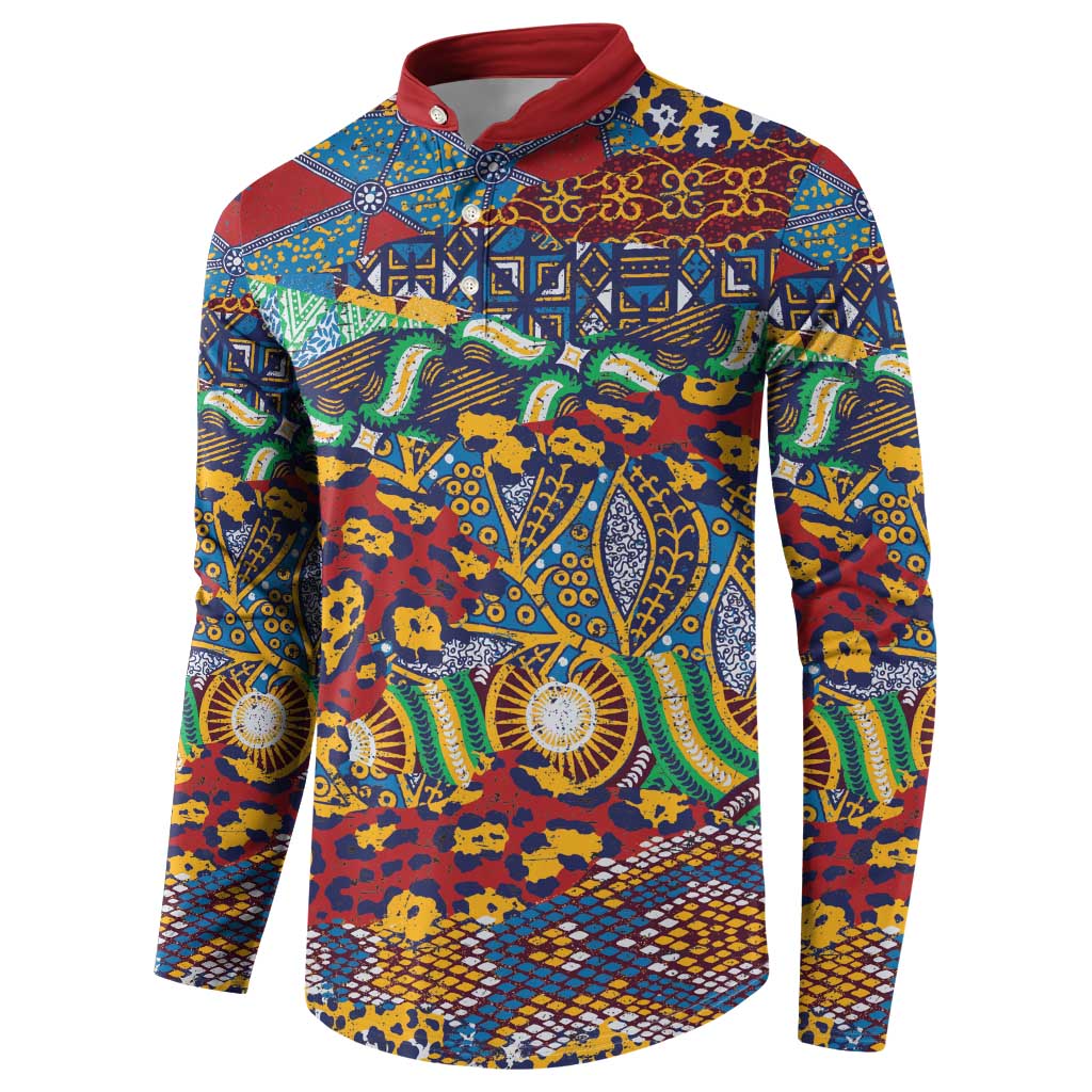 Multicolor patterned long-sleeve sweatshirt with red collar and button placket