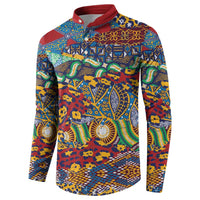 Multicolor patterned long-sleeve sweatshirt with red collar and button placket