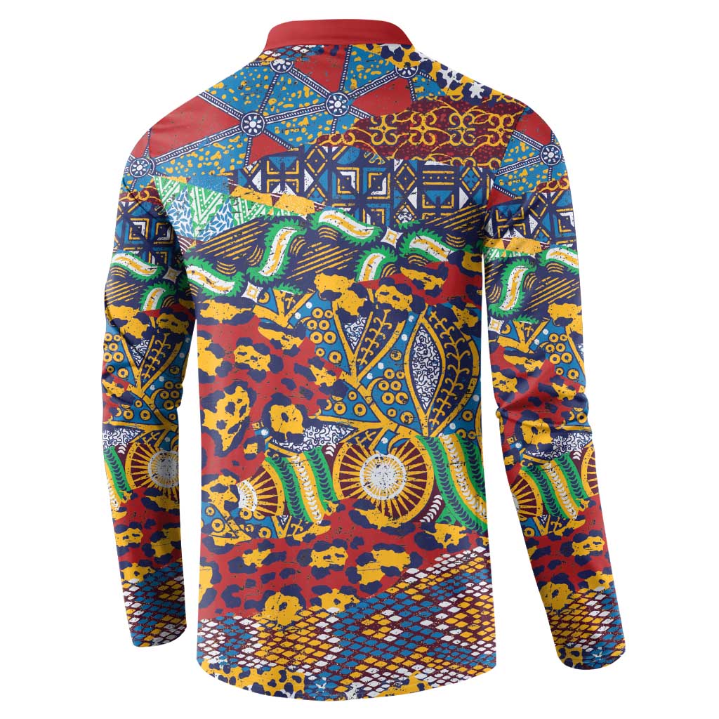 Back view of multicolor patterned button-up sweatshirt with red collar, long sleeves
