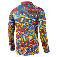 Back view of multicolor patterned button-up sweatshirt with red collar, long sleeves