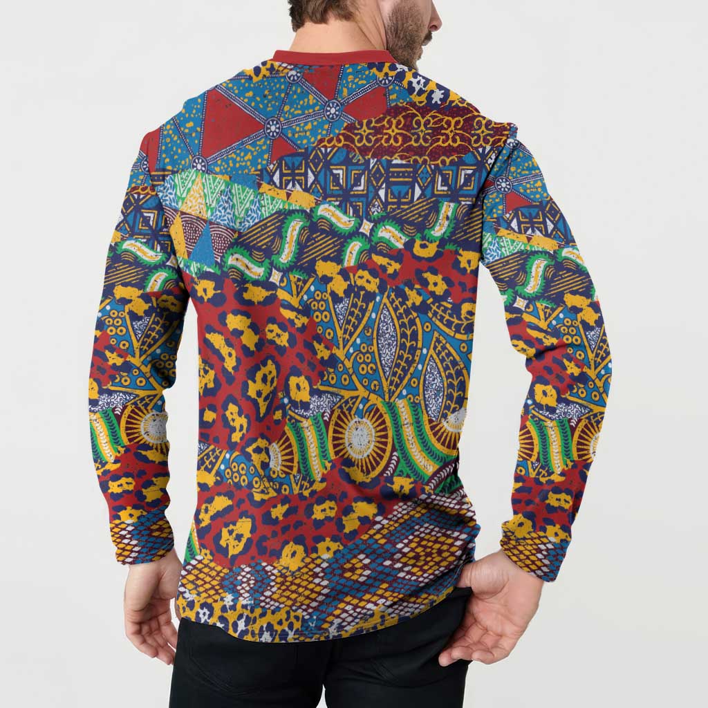 Back view of multicolor patterned sweatshirt with red collar, long sleeves