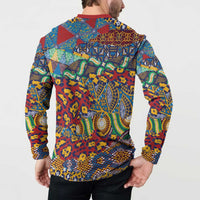 Back view of multicolor patterned sweatshirt with red collar, long sleeves