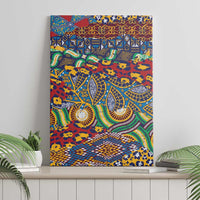 Canvas wall art with animal-skin inspired motifs and ornate geometric borders in red and blue