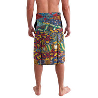 Men's wrap sarong with vibrant animal-skin print, geometric bands, elastic waistband