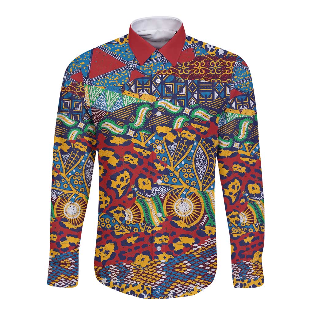 Red-collar long-sleeve button shirt with colorful animal skin pattern