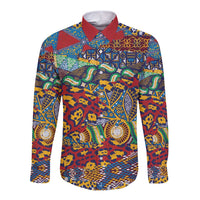 Red-collar long-sleeve button shirt with colorful animal skin pattern