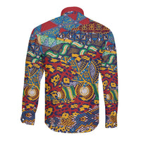 Back of red-collar long-sleeve button shirt with colorful animal skin pattern