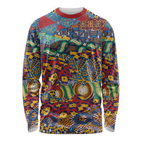 Unisex long-sleeve shirt with red, blue, yellow animal-skin pattern and crew neck.