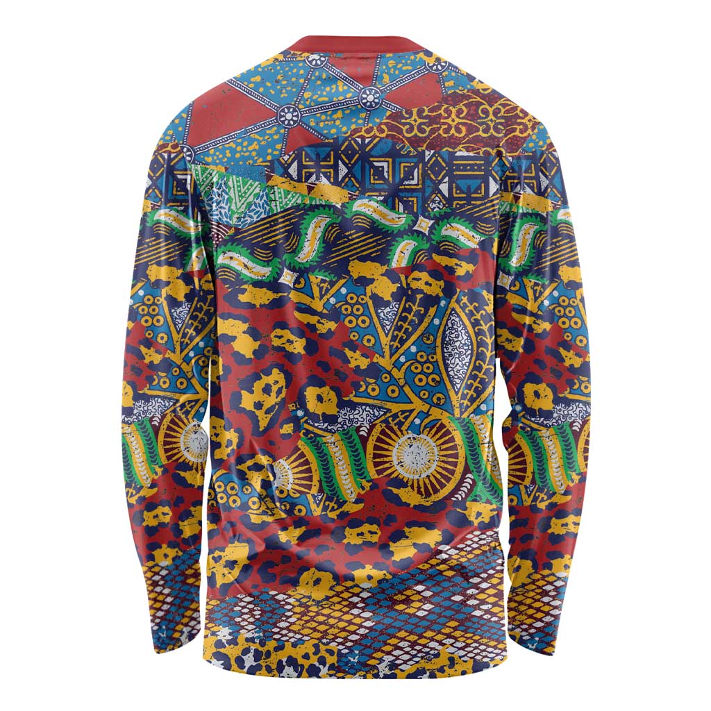 Unisex long-sleeve shirt, back view, colorful animal-skin pattern in red, blue, yellow.
