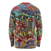 Unisex long-sleeve shirt, back view, colorful animal-skin pattern in red, blue, yellow.