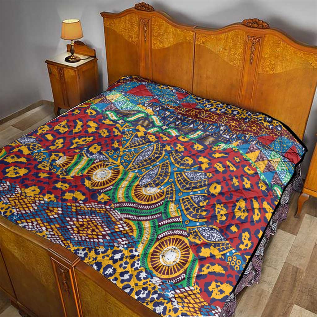 Multicolor quilt laid on a wooden bed frame, featuring ornate animal-skin motifs and medallions.