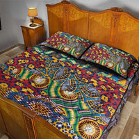 Quilt bed set on wooden bed frame, red and blue animal-skin pattern with two pillows