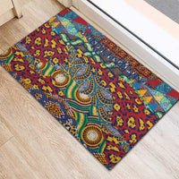 Colorful ornate rubber doormat with animal print, circles, and diamond borders